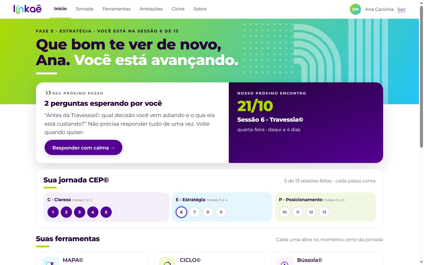 Tela inicial da plataforma Jornada CEP: próximo passo, próximo encontro e as etapas da jornada